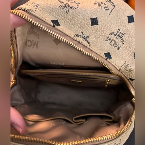 MCM Beige Visetos Silver and Gold Pyramid Studded Backpack - Picture 15 of 16